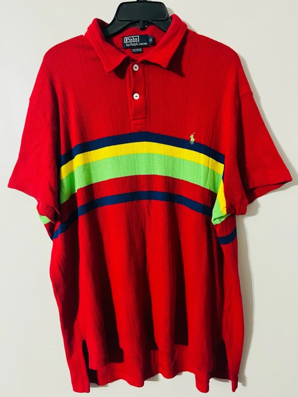 Ralph Lauren Red Polo with Navy, Yellow & Lime Stripes Sz XL